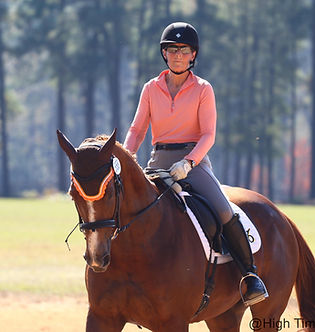 Person riding a horse in an outdoor setting with trees in the background
