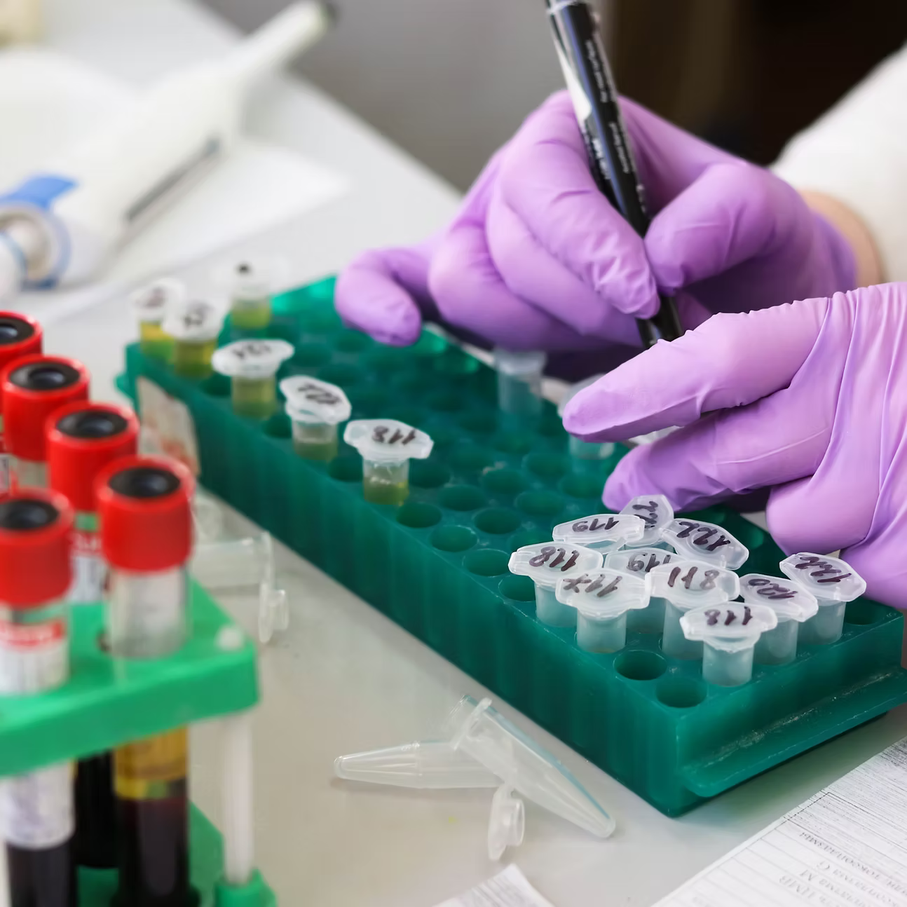 Person in purple gloves handling test tubes in a laboratory setting